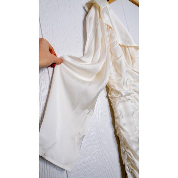 TULAROSA 'Naomi' Cream Satin Ruched Ruffled One Sleeve Mini Dress XL - Picture 10 of 13